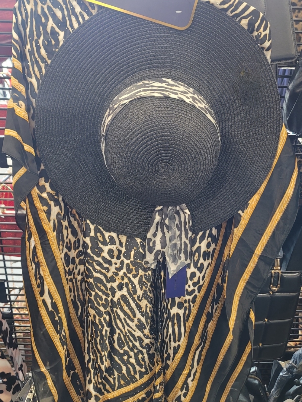 Adrienne Vittadini Black Wide-Brim Straw Hat with Animal-Print Scarf
